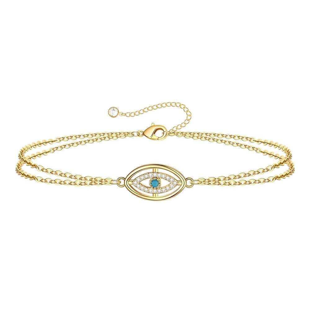 18K Gold Plated Women's Evil Eye Bracelet with Center Faux Stone Waterproof